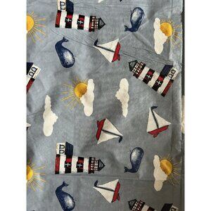Vintage Sailboats, Whales, Lite house Vinyl Flannel Back Tablecloth 88"x51"